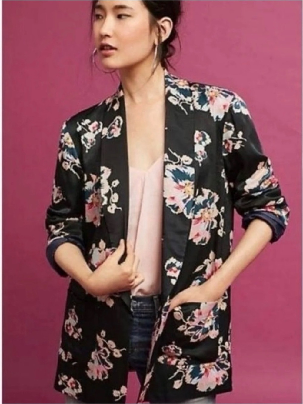 Anthropologie Ettitwa Black & Pink Floral Satin Open Blazer | Kimono Cardigan |